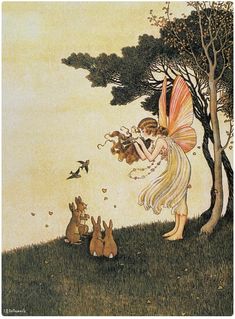 a fairy with her dog and cat in the grass next to a tree, looking at something