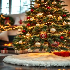 a small christmas tree with red and gold ornaments