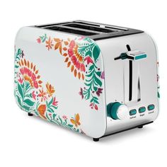 a colorful floral design toaster on a white background