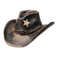 Unsure of what a Dropship item is? Click this link so you are fully informed prior to your purchase! The Stampede Vintage Black Star USA Panama Straw Cowboy Hat is yet another fantastic Panama straw cowboy hats offered from California Hat Company. This stylish Cowboy Hat comes distressed dyed and each hat has a one-of-kind look depending on the staining. The hat is accented with a weaved leather and chain hat band and is adorned with an underwelt Long Horn brim on either side. The high crown and Straw Cowboy Hats, Black Cowboy Hat, Outback Hat, Felt Cowboy Hats, Straw Cowboy Hat, Black Cowboy, Leather Hat, Hat Accessories, Unique Hats