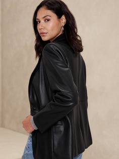 Vegan Leather Blazer | Banana Republic Factory Fall Leather Jacket For Workwear, Chic Solid Color Faux Leather Jacket, Chic Faux Leather Jacket, Sleek Faux Leather Jacket, Classic Faux Leather Single-breasted Jacket, Chic Leather Jacket With Faux Front Pockets, Leather Jacket With Faux Front Pockets For Work, Classic Leather Jacket With Faux Pockets For Work, Classic Leather Jacket For Work With Faux Pockets