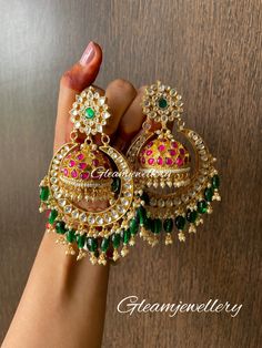 Our own designer pachi kundan unique chandbali designed by me in some different way  a chandbali with jhumka inside it with small ruby detailing. Glass beads hangings are added to just give wow look  Its  okay18 ct gold plated with silver and brass base. Totally handmade by our hardworking craftman converted my imagination into reality !!  Show some love order now . Note: if not available in stock made on order is possible need 20 -25 days Traditional Heavy Chandbali Danglers, Traditional Chandbali Earrings With Dangling Beads, Multicolor Chandbali Earrings With Dangling Beads, Traditional Kundan Chandbali Danglers, Traditional Kundan Chandbali Chandelier Earrings, Pearl Drop, Just Giving, Curvy Fashion, Beautiful Necklaces