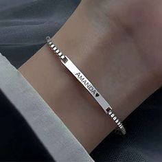 "Valentine's gift for girlfriend , gift for her -Personalized Solid 925 Sterling Silver ID Bracelet , Custom Women ID Bracelet Material : Solid 925 Sterling Silver Bracelet  Weight :10 g Length:6.8\" + 0.9\" =7.7\" Please put : \"Blank\" here if selected without the engraving option. We supply up to 3 initials engraving on the side of front , the initials order will be:  first, middle , last. or one line engraving is no more than 21 characters including spaces. One font available , Please see the engraving sample from the Main sample picture. Notice : the color on the finished engraved item sometimes may have a little difference, because of the different Computer screens. It is great gift for mom, gift for sister, gift for girlfriend , gift for wife, gift for grandma, gift for best friend Personalized Chain Bracelet As Gift, Personalized Chain Bracelet Gift, Minimalist Heart Bangle Bracelet As Gift, Sterling Silver Name Bracelet For Gift, Silver Name Chain Bracelet For Mother's Day, Personalized Sterling Silver Bracelet Gift, Mother's Day Silver Chain Bracelet With Name, Adjustable Sterling Silver Bracelet For Valentine's Gift, Classic Sterling Silver Bracelet For Valentine's Day Gift