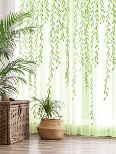 a living room with green curtains and wicker baskets on the floor next to it