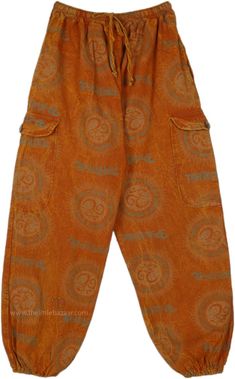 A pair of tropical bohemian handmade hippie print balloon style harem pants in one color. These pants feature a mesmerizing hippie-inspired print and style that channels the free-spirited vibes of the 60s and 70s. #tlb #SplitSkirtsPants #bohemianfashion #Handmade #hippieharempants Bohemian Summer Harem Pants With Pockets, Bohemian Harem Pants With Pockets For Summer, Summer Hippie Relaxed Fit Harem Pants, Hippie Relaxed Fit Harem Pants For Summer, Groovy Summer Festival Bottoms, Hippie Bottoms With Pockets For Festivals, Casual Cotton Harem Pants With Boho Print, Summer Bohemian Brown Harem Pants, Bohemian Brown Harem Pants For Summer