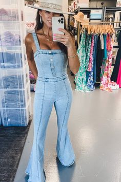 Flare Jumpsuit, Mirror Pic, Good Stretches, Denim Flares, Denim Jumpsuit, Square Neck, Jumpsuit, Square