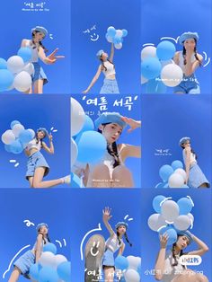 the girl is posing with balloons in front of her face and hands, while wearing a hat