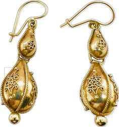 Ornate Yellow Gold Oval Earrings, Yellow Gold Byzantine Drop Earrings, Antique 22k Yellow Gold Earrings, Byzantine Style Pierced Drop Earrings, Byzantine Yellow Gold Ceremonial Earrings, Oval Yellow Gold Earrings With Intricate Design, Yellow Gold Dangle Plug Earrings For Formal Events, Traditional Yellow Gold Teardrop Earrings, Gold Oval Byzantine Earrings