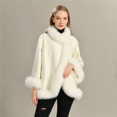 Women's wool coat with natural fur collar - Family Shopolf Fur Trimmed Cape, White Linen Bedding, Wool Coat Women, Batwing Sleeve, Fur Collar, Fox Fur, Fur Collars, Cloak, Mandarin Collar