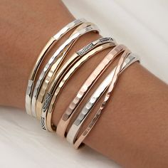 Hammered Cuff Bracelets, Silver, Gold, Rose Gold Luxury Adjustable Stackable Bangle, Elegant Stackable Bangle Wrap Bracelet, Elegant Rose Gold Cuff Bracelet, Adjustable Luxury Rose Gold Cuff Bracelet, Luxury Adjustable Rose Gold Cuff Bracelet, Stackable Rose Gold Cuff Bracelet As Gift, Stackable Rose Gold Cuff Bracelet For Gifts, Luxury Stackable Cuff Bracelet For Gift, Luxury Stackable Cuff Bracelet Gift