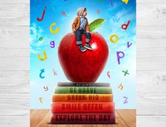 an apple sitting on top of three books with the words, i'm be brave dream big smile often explore the day