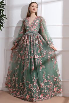 Elegant Green Gown With Floral Embroidery, Elegant Green Evening Dress With Floral Embroidery, Formal Tulle Gown With Floral Embroidery, Embroidered Organza Prom Dress, Elegant Green Dress With Floral Embroidery, Floor-length Tulle Gown With Floral Embroidery, Long Sleeve Evening Dress With Floral Embroidery For Banquet, Long Sleeve Floral Embroidered Tulle Dress, Long Sleeve Tulle Dress With Floral Embroidery