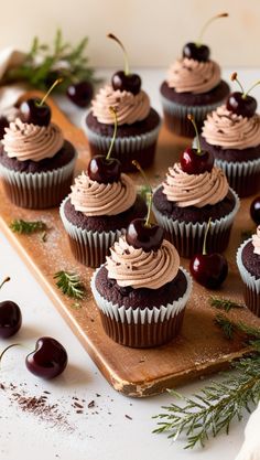 cupcakes with chocolate frosting and cherries on a cutting board