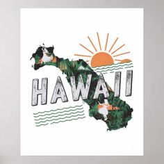 a white poster with the words hawaii on it