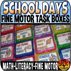 a pile of school days fine motor task boxes