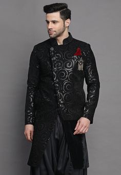 Velvet Sherwani in BlackThis Readymade attire is Enhanced with Buttons, Resham, Sequins and Beads Work. Crafted in Chinese Collar Neck and Full SleeveAvailable with a Satin Crepe Salwar  in BlackDo note: Brooch, Dupatta and Footwear shown in the image is for presentation purposes only. Half to one inch may vary in measurement. (Slight variation in actual color vs. image is possible) We sell all kinds of menswear. Mens Kurta | Mens Kurta Pajama | Mens Sherwani | Mens Sherwani Sets | Traditional M Semi-stitched Long Sleeve Bandhgala With Mirror Work, Festive Bollywood Bandhgala With Mirror Work, Traditional Nehru Jacket With Mirror Work For Reception, Formal Sherwani With Mirror Work For Transitional Season, Bollywood Style Long Sleeve Sherwani With Mirror Work, Formal Transitional Sherwani With Mirror Work, Bollywood Style Festive Bandhgala With Mirror Work, Diwali Semi-stitched Bandhgala With Mirror Work, Festive Bandhgala With Mirror Work For Reception