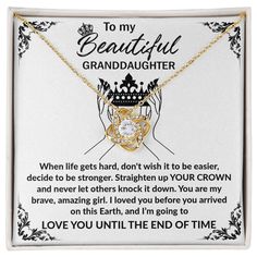 a necklace with the words to my beautiful granddaughter on it and an image of a crown