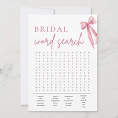 a wedding word search card with a pink bow on the front and bottom, which reads bridal word search