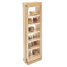 a wooden spice rack with glass doors and spices in the bottom section on an isolated white background