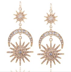 Item Type: Earrings Earring Type: Drop Earring Earring Back Type: Fish Hooks Material: Zinc Alloy, Rhinestone Product Dimensions: 10 x 4.5 cm / 3.94 x 1.77 inch Product Weight: 27 g / 0.06 lbs Package Dimensions: 8 x 6 x 5 cm / 3.15 x 2.36 x 1.97 inch Package Weight: 0.06 kg / 0.13 lbs Package Includes: One Pair of Earrings Vintage Statement Earrings, Punk Earrings, Moon And Star Earrings, Retro Earring, Alloy Earrings, Moon Earrings, Boho Vintage, Rhinestone Earrings, Sun Moon