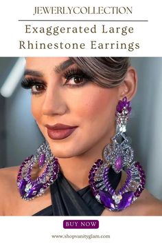 Exaggerated Large Rhinestone Earrings Glamorous Crystal Chandelier Earrings With Rhinestones, Party Purple Crystal Rhinestone Earrings, Purple Rhinestone Crystal Earrings For Party, Purple Sparkling Stones Earrings For Party, Purple Party Earrings With Sparkling Stones, Purple Crystal Drop Earrings For Evening, Purple Drop Crystal Earrings For Evening, Purple Bridal Earrings For Party, Crystal Earrings With Rhinestones