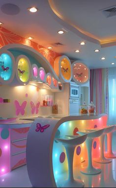 a brightly lit kitchen with lots of colorful lights