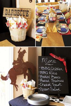 this is a collage of photos with cowboy themed food and desserts on it