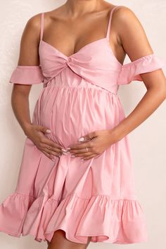 Kai Blush Cami Babydoll Maternity Mini Dress With Ruffle Cold Should – Club L London - USA Cold Shoulder Sleeves, Pink Babydoll, Babydoll Mini Dress, Cute Maternity Outfits, Black Dress Prom, Stretch Cotton Fabric, Black Tie Gala, Christmas Party Dress, London Dresses