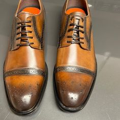 Cognac Dress Shoes Brown Leather Shoes For Spring Semi-formal, Fitted Brown Oxfords For Derby, Fitted Dress Shoes For Derby In Fall, Fitted Brown Lace-up Dress Shoes, Elegant Leather Shoes For Derby In Spring, Elegant Derby Leather Shoes For Spring, Elegant Spring Derby Leather Shoes, Party Brown Brogue Oxfords, Party Brown Oxfords With Brogue Detailing