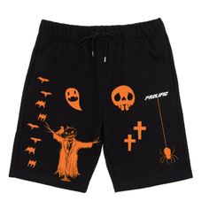 Screenprinted. 100% Cotton. Halloween Streetwear Short Bottoms, Black Shorts For Halloween Streetwear, Black Cotton Halloween Shorts, Black Graphic Print Bottoms For Fall, Black Cotton Shorts For Fall, Black Shorts For Fall Streetwear, Black Graphic Print Bottoms For Summer, Black Graphic Print Shorts, Black Shorts For Fall