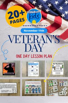 the veterans day lesson plan is shown with an american flag and other items on it