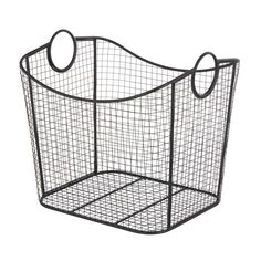 a black wire basket with two handles