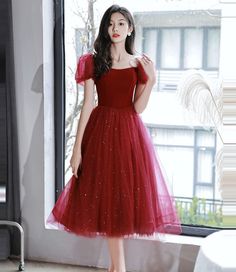 Burgundy velvet tulle short prom dress homecoming dress Short Frocks, Short Frock, Tulle Dresses, Long Gown Design, Frock For Women, Prom Dresses Gowns