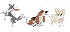 three cartoon dogs are playing with a frisbee