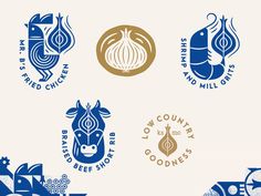 four different logos for some kind of food product, including onions and other foodstuffs