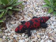 a small black and red gecko laying on top of gravel next to green plants