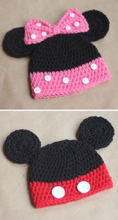 crocheted mickey mouse hat with ears is shown on the left and right side