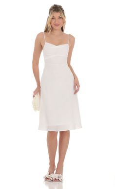 A-line Midi Dress in White | LUCY IN THE SKY Los Angeles, Angeles, Confirmation Dresses For Teens Catholic Long, Homecoming Dresses Midi, Midsize White Dress, White Midi Graduation Dress, Midi Hoco Dress, Dress For Graduation University, White Graduation Dress College Classy