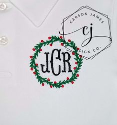 Check out this adorable monogrammed Christmas shirt! Perfect for Christmas parties, pictures with Santa, And to wear all season long! The shirt is a white long sleeve polo shirt and features a rustic/farmhouse style wreath and monogram that are embroidered directly onto the shirt using thread. Machine wash Cold, hang to dry, warm iron inside out, do not dry clean. Christmas Monogram Shirt, Farmhouse Style Wreath, Santa Pictures, Santa Outfit, Christmas Monogram, Rustic Farmhouse Style, Christmas Parties, Long Sleeve Polo Shirt, Long Sleeve Polo