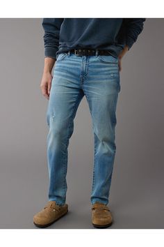 AirFlex+/Authentic denim look with lightweight flexibility and comfort you have to feel to believe./High stretch level that keeps its shape/Light wash/Ripped Slim Straight Jeans, Straight Jeans, Women's Jeans, American Eagle Outfitters, American Eagle, Women Jeans