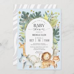 a baby shower with jungle animals and leaves