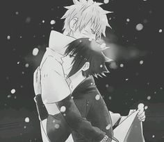 an anime character sitting in the snow with his arm around another character's neck