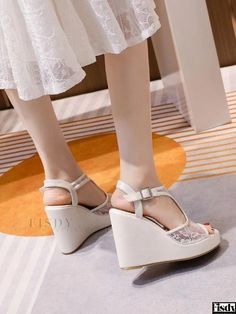 Fisdy - Elegant Lace White Open Toe Wedge Heel Bridal Shoes for Womens Wedding attire Bridal Wedges, Open Shoes, Wedding Shoes Lace, Knit Shirt Dress, Wedding Shoes Heels, Shoes Heels Wedges, Winter Coats Women, Shop Maxi Dresses, Wedding Attire