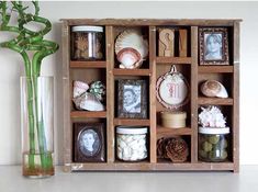 a vase filled with flowers and pictures next to a wooden box that has shells in it