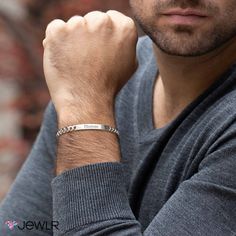 Identify yourself, remember a loved one, or display a special date with this classic engravable ID bracelet. Handcrafted in sterling silver, this 8" men's bracelet features a curb-link chain secured with a lobster clasp for just the right fit. Mens Sterling Silver Bracelets, Dad Bracelet, Silver Bracelet Designs, Geometric Triangles, Pretty Jewelry Necklaces, Creative Gifts For Boyfriend, Double Wrap Bracelet, Snap Lock, Mens Bracelet Silver