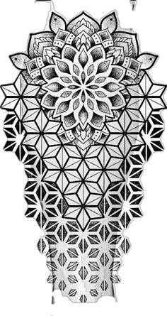 a black and white drawing of a flower with geometric shapes on the bottom half of it