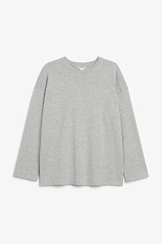 Classic long sleeve tee - Grey marl - Monki WW Fall Loungewear T-shirt, Winter Long Sleeve T-shirt With Ribbed Cuffs, Crew Neck T-shirt With Ribbed Cuffs For Loungewear, Relaxed Fit T-shirt With Ribbed Cuffs For Fall, Relaxed Everyday Tops For Fall, Spring Relaxed Fit T-shirt With Ribbed Cuffs, Boxy Fit Crew Neck Top With Ribbed Collar, Oversized Cotton T-shirt For Fall, Relaxed Crew Neck Tops For Winter