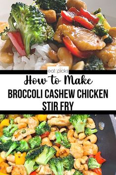 broccoli cashew chicken stir fry in a skillet with text overlay