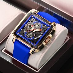 Color: gold Blue, Ships From: SPAIN Watches 2022, Hollow Man, Simple Watches, Gold Watches, Great Gifts For Men, Watch For Men, Silicon Bands, Men's Watches, Square Watch