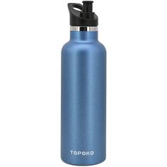 the topkoo stainless steel water bottle is blue and has a black cap on it